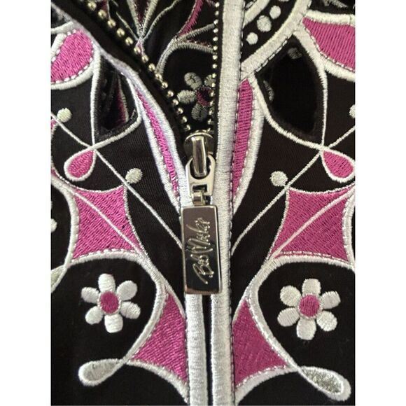 Bob Mackie Wearable Art Embroidered Pink Cut Out Zip Jacket Black Women's Large - Picture 4 of 7